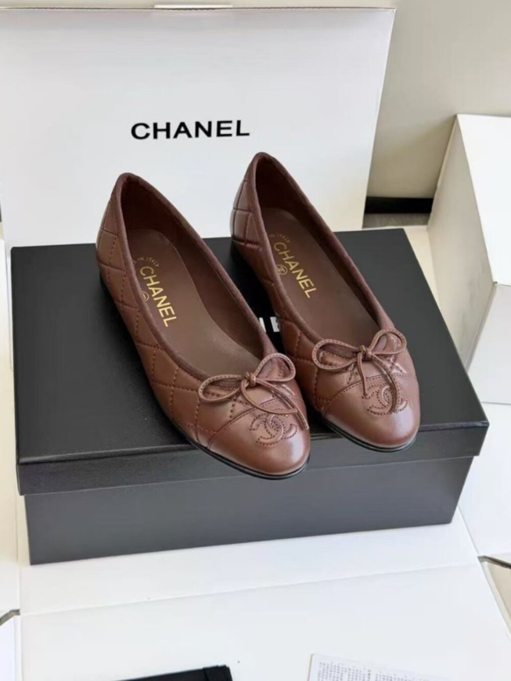 CHANEL Brown Quilted Bow Ballet Flats